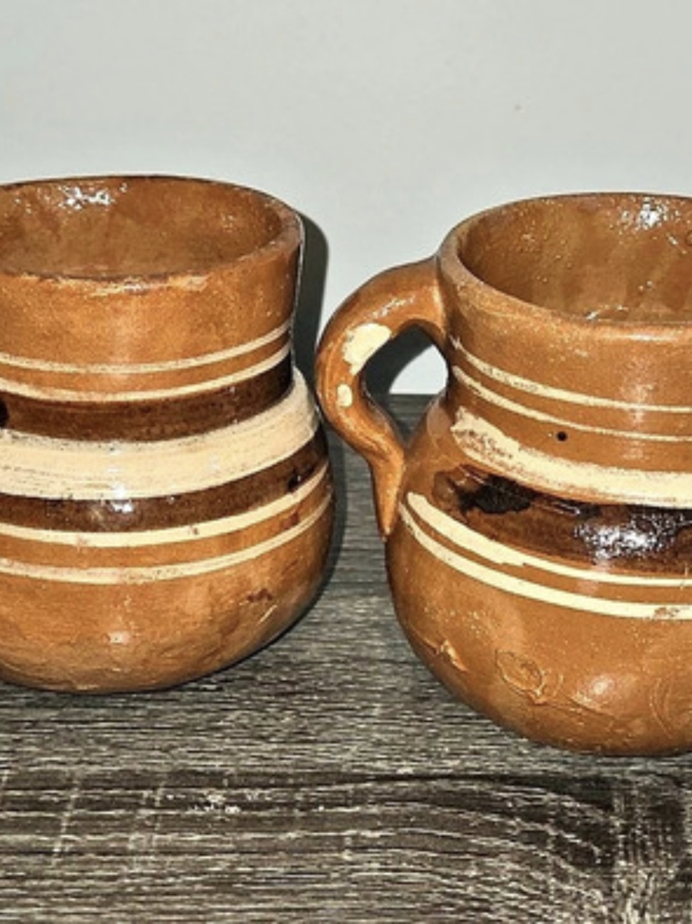 Set of 2 Vintage Primitive Pottery Mugs Cups Pitchers Mexico Brown Cream 4"